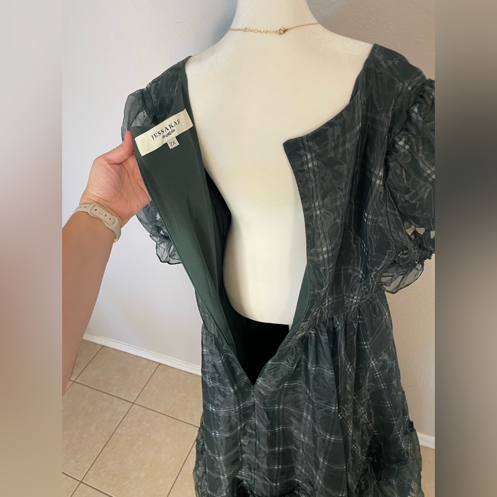 2x JessaKae Cordelia Plaid Puff Sleeve Organza Formal Maxi Dress Sweetheart - Picture 12 of 13